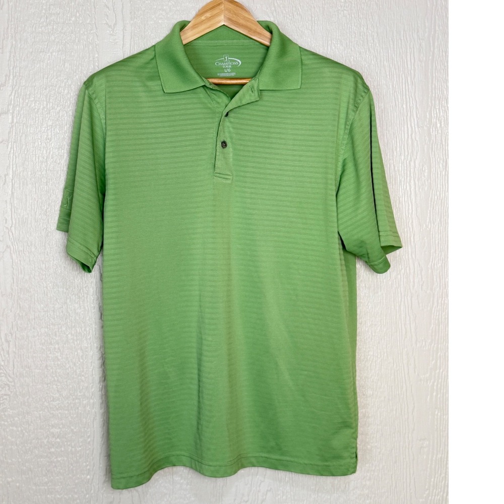 Champions Tour Mens Large Green Striped Golf Polo Shirt Short Sleeve Polyester